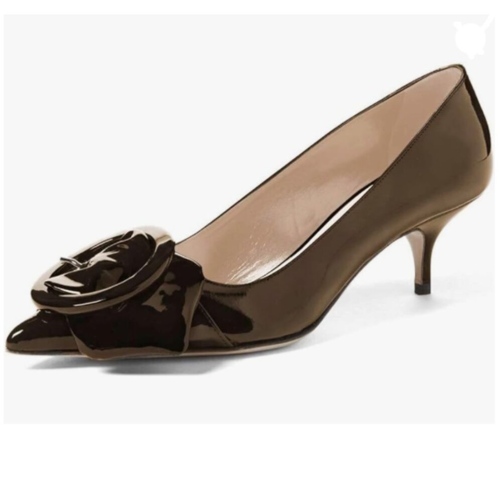 YDN Chocolate Kitten Heel Pumps Pointy Toe Slip On Patent Buckle Basic Shoe